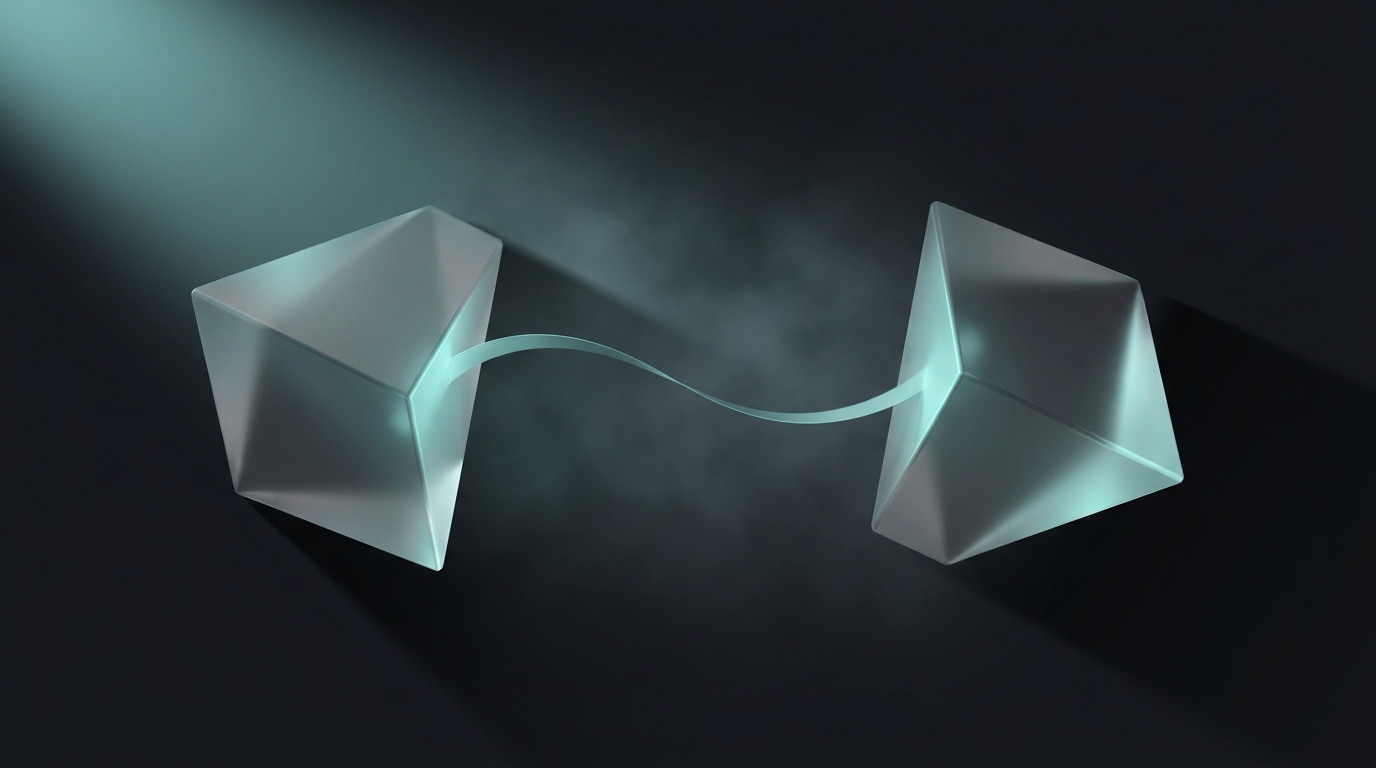 Two suspended geometric prisms facing each other on a deep slate background, lit by a single cool teal light source with soft volumetric haze between them.