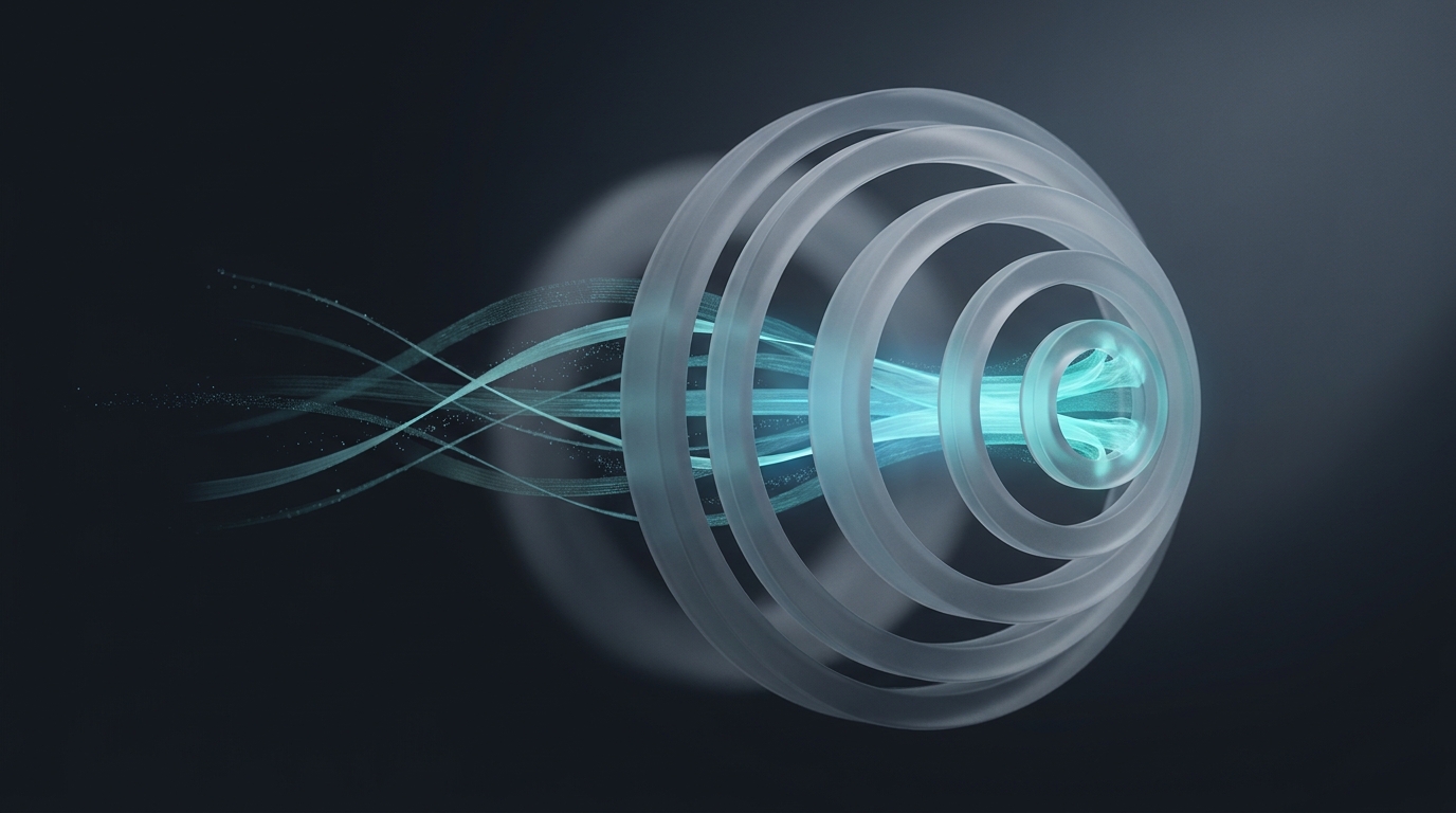 3D editorial illustration of glowing cool teal data ribbons flowing through suspended geometric rings on a deep slate background, single directional light source
