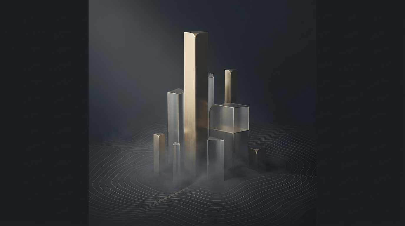 Abstract 3D illustration of layered architectural columns rising from a topographic landscape in muted gold against a deep slate background