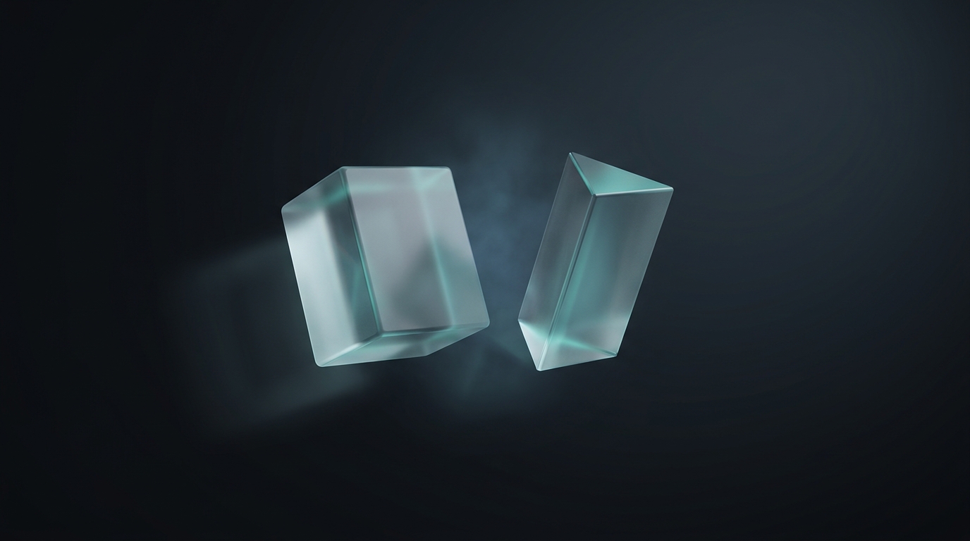 Two layered translucent prisms suspended side by side against a deep slate background, lit from a single cool teal light source with soft atmospheric depth.
