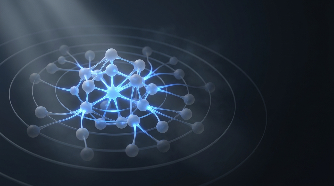 Abstract 3D illustration of a glowing electric-blue node cluster with dimming outer rings on a deep slate background, suggesting automated systems losing strategic control.