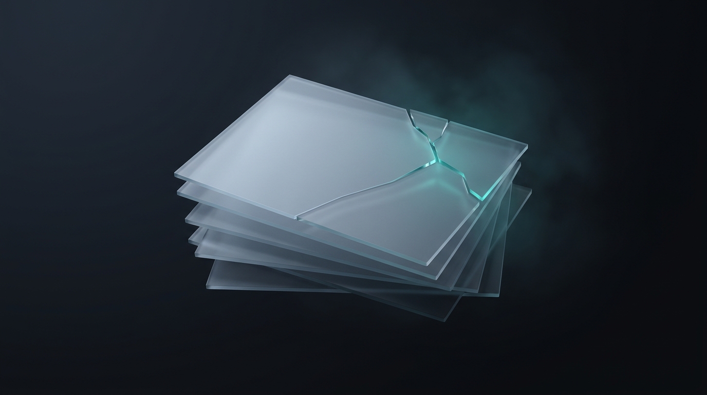 3D editorial illustration of layered translucent planes with cracks and fractures in cool teal against a deep slate background, soft directional lighting
