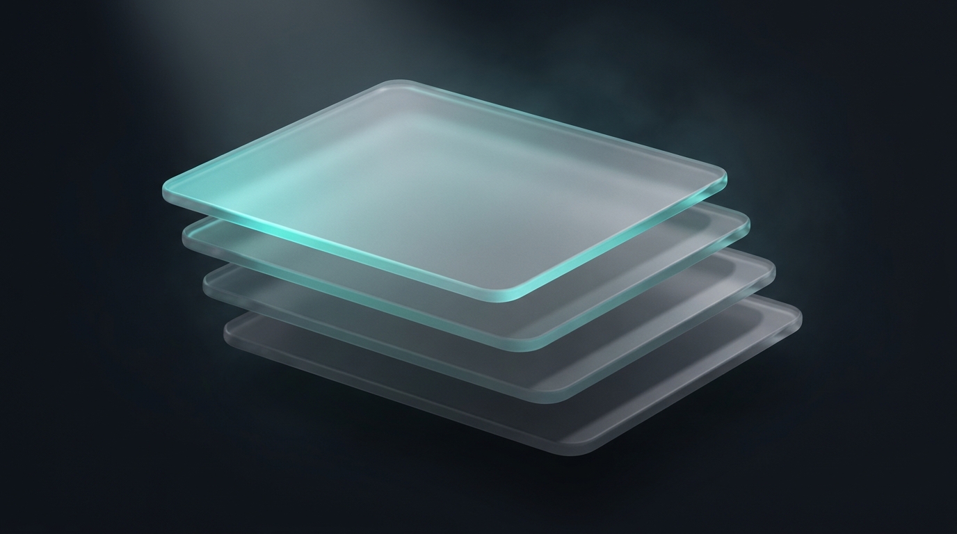 Layered translucent geometric planes stacked at angles, lit in cool teal, against a deep slate background with soft volumetric haze