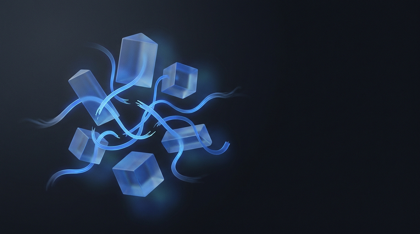 Suspended geometric prisms in electric blue against a deep slate background, with flowing light ribbons weaving between them under soft directional lighting.