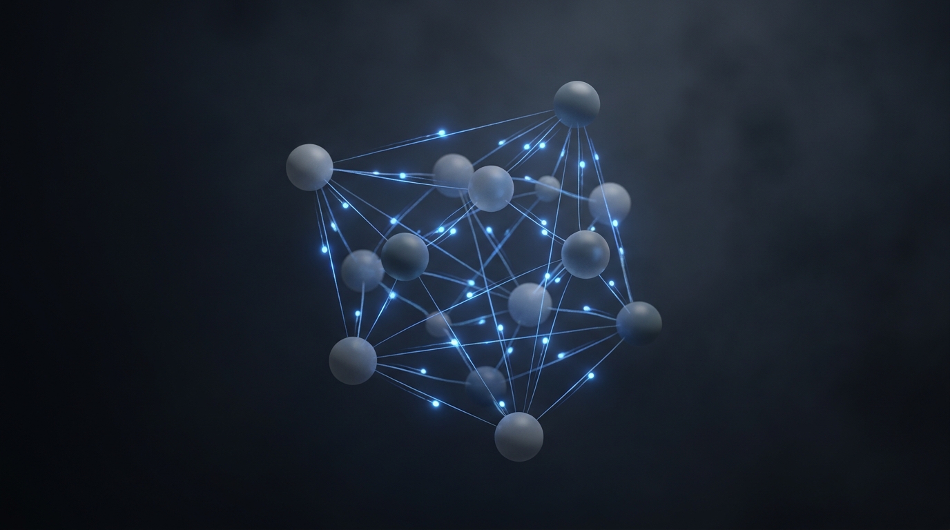 Editorial illustration of glowing connected nodes with light pulses on a deep slate background, electric blue accent, soft directional lighting, centered composition