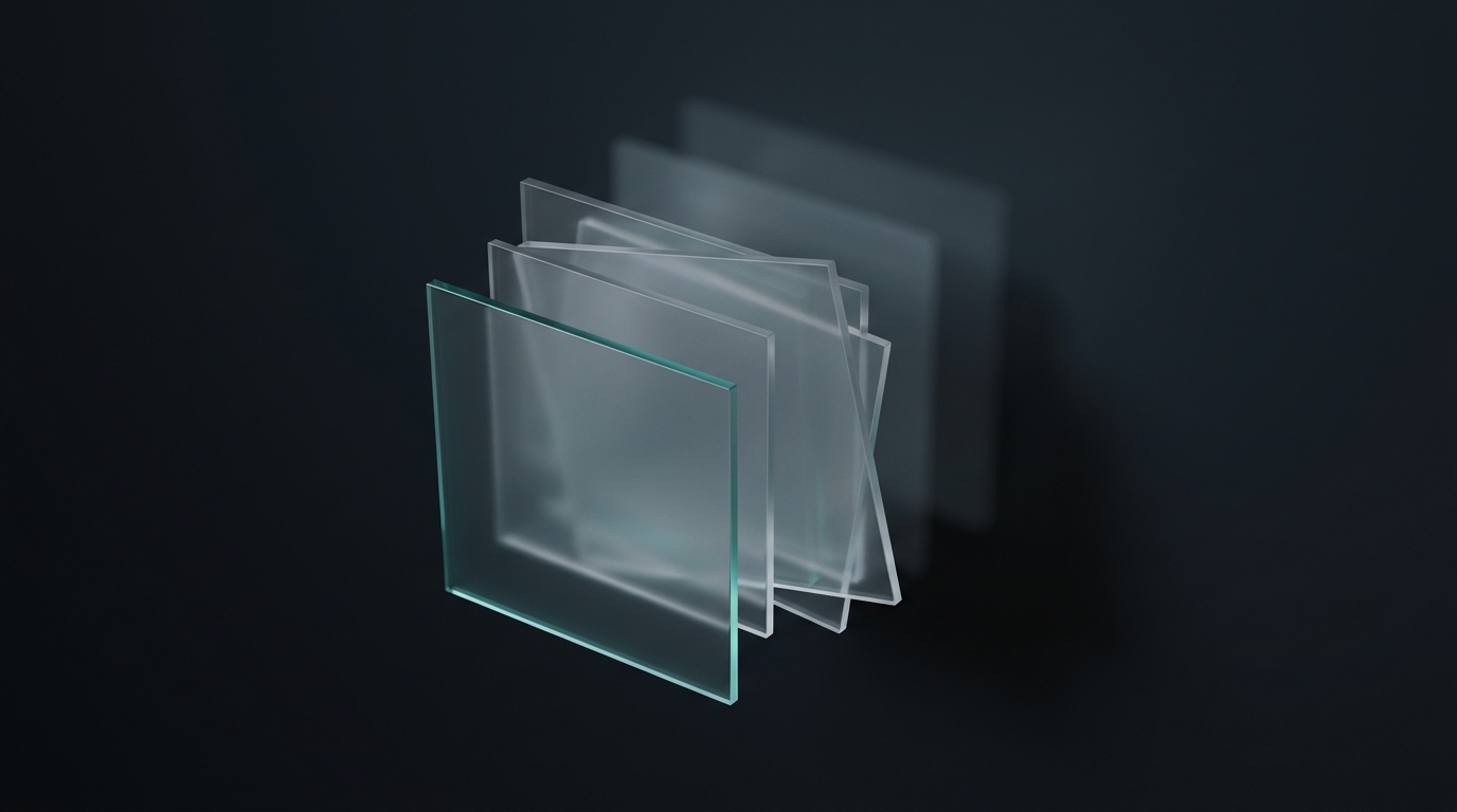 Abstract 3D illustration of layered translucent planes stacked asymmetrically on a deep slate background, lit by a single cool teal light source from the upper left.