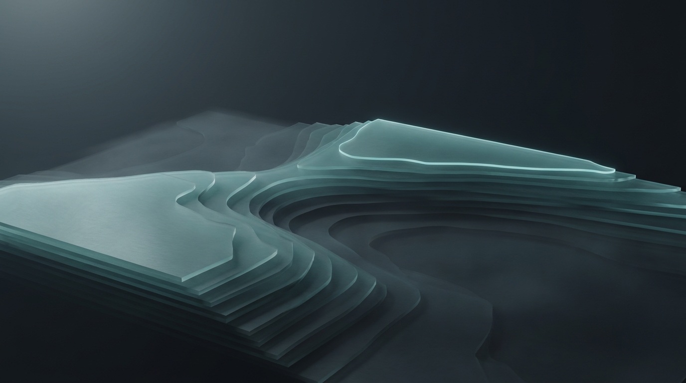 Abstract layered topographic landscape with glowing cool teal contour surfaces rising from a deep slate background, lit by a single soft directional light source.