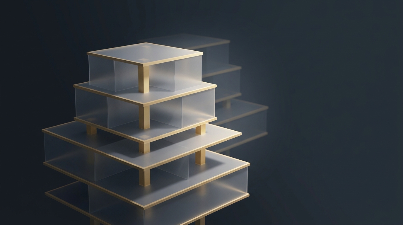 Abstract 3D architectural columns and layered translucent planes in muted gold rising from a deep slate background, lit by a single soft directional light source.