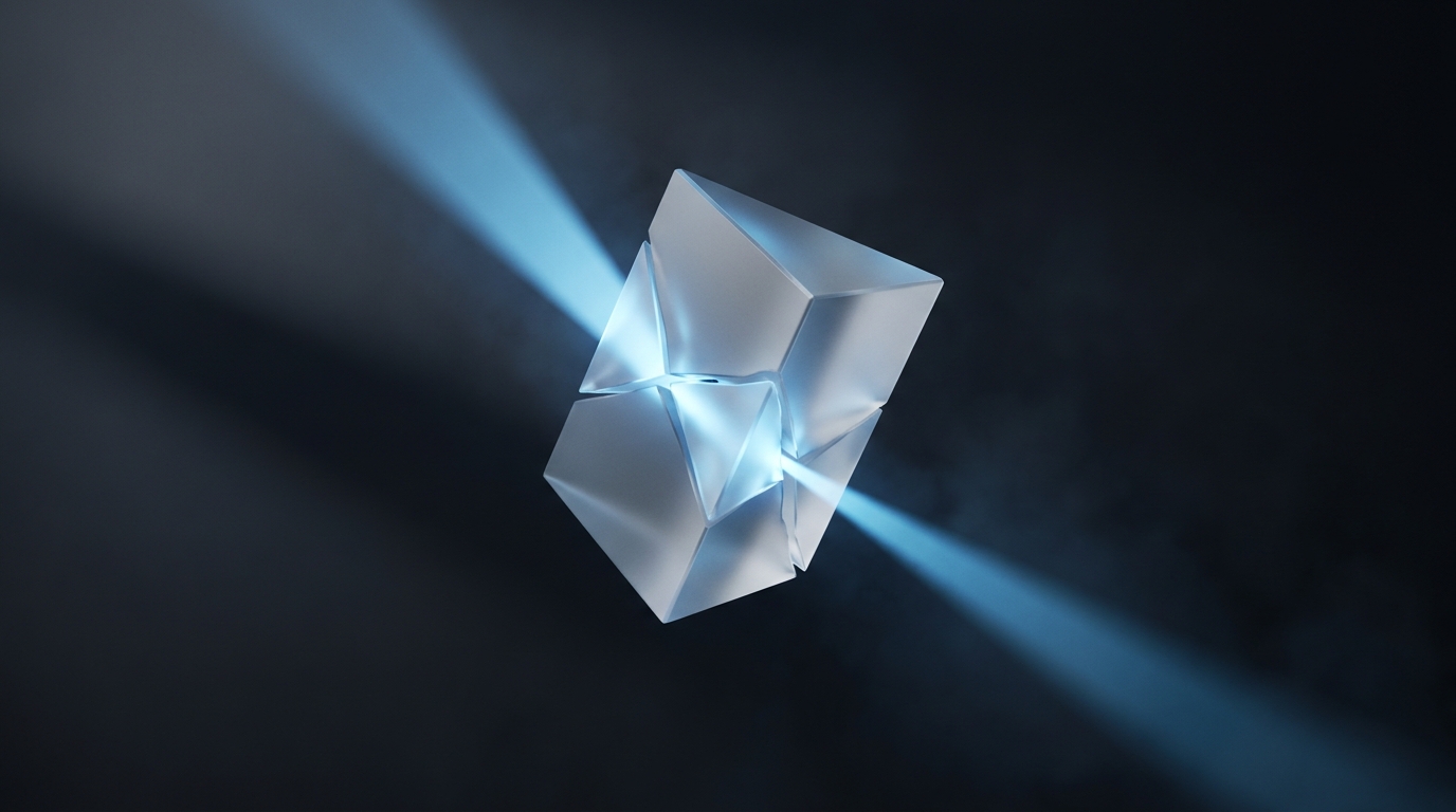 A fractured geometric prism in electric blue suspended on a deep slate background, split by diverging light beams suggesting conflicting directions.