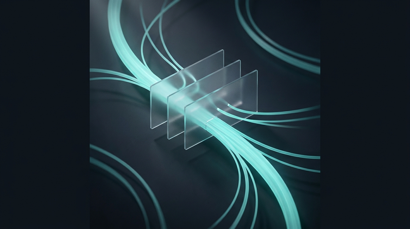 3D editorial illustration of flowing data ribbons splitting and converging through translucent barrier planes on a deep slate background with cool teal accent lighting