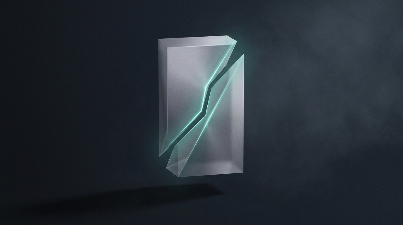 Abstract 3D editorial illustration of a fractured geometric prism on dark slate, lit by a single cool teal light source, with layered translucent planes diverging from its center.