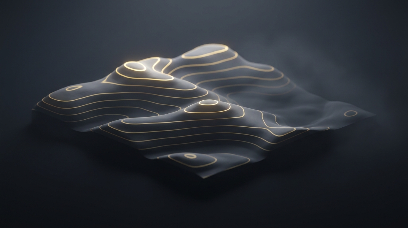 Abstract 3D topographic landscape with eight glowing muted gold contour layers rising from a deep slate background, lit from a single soft directional source.