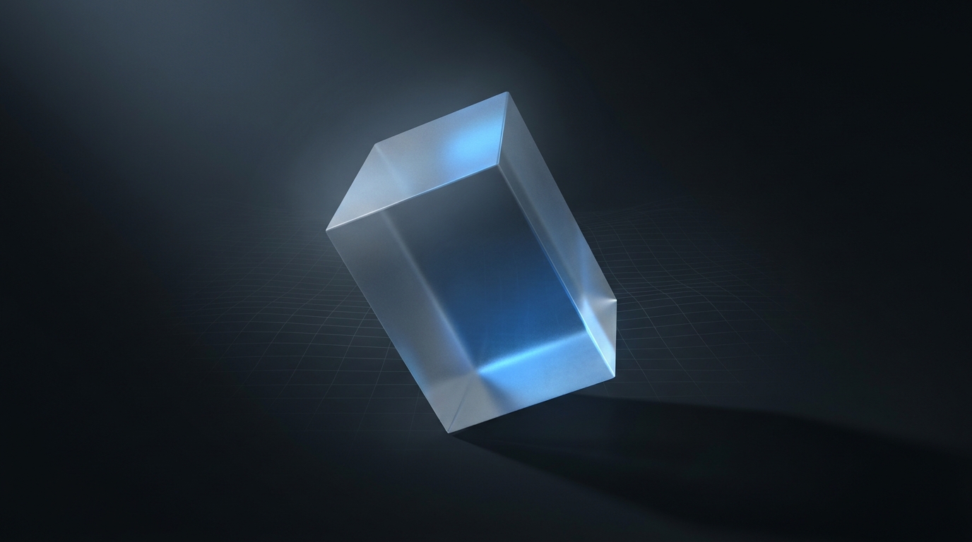 A glowing electric-blue geometric prism suspended against a deep slate background, lit from a single left-side source with soft volumetric haze and frosted glass surfaces.