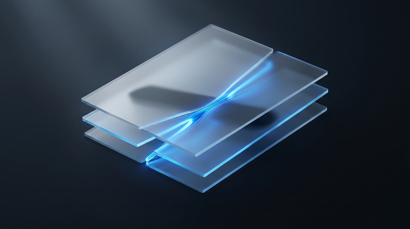 Abstract 3D illustration of a compressed light funnel between layered translucent planes on a deep slate background, with electric blue accent lighting