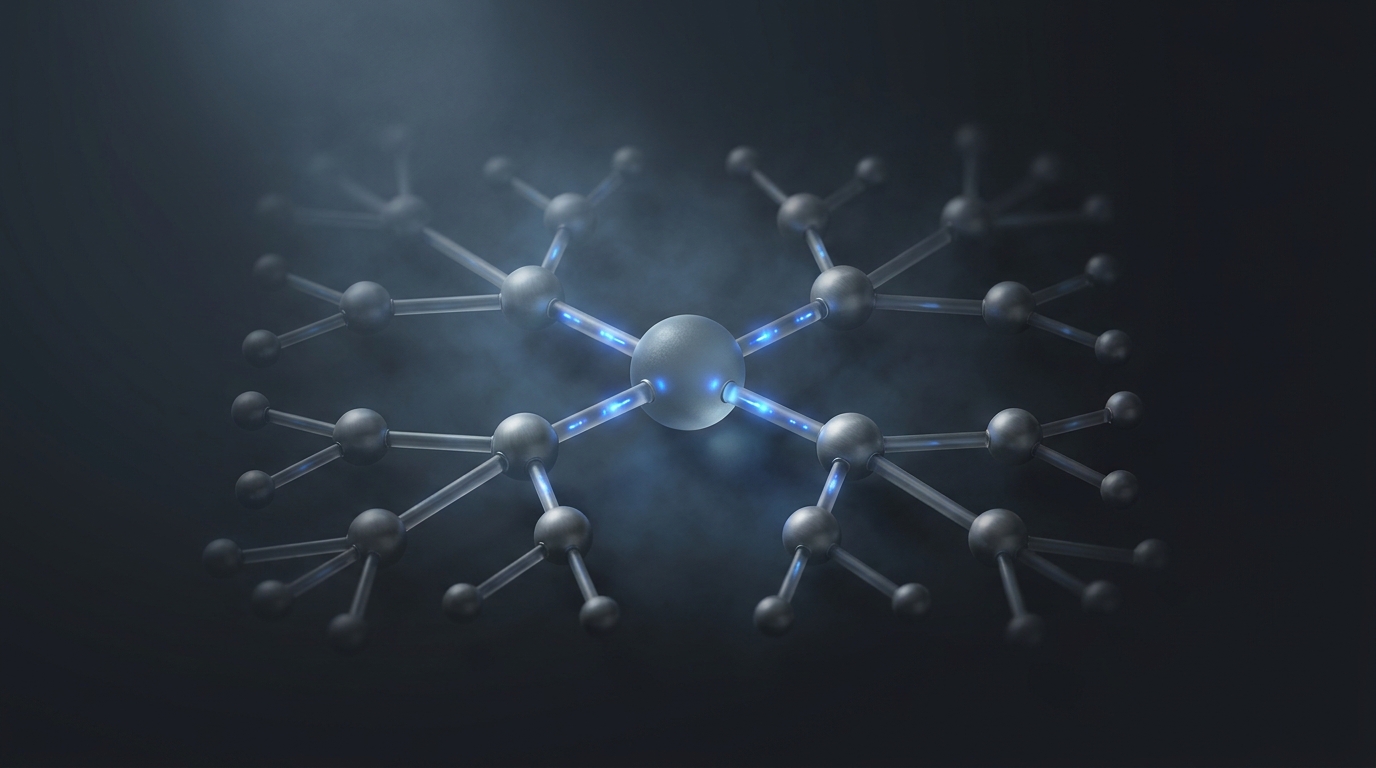 Abstract 3D illustration of connected network nodes with electric blue light pulses on a deep slate background, geometric forms suggesting scale and coordination