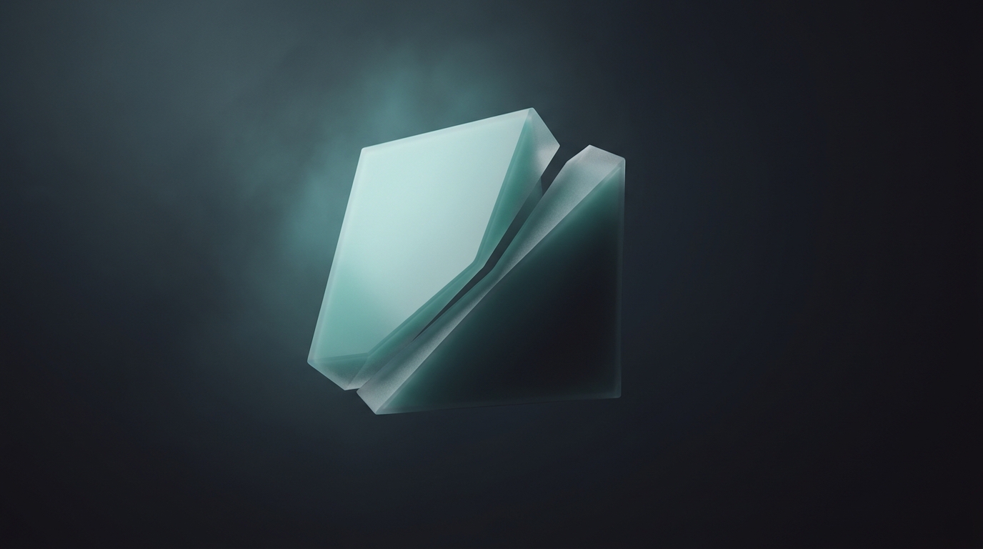 Abstract 3D editorial illustration of a shattered geometric prism in cool teal against a deep slate background, with soft directional lighting and clean negative space.