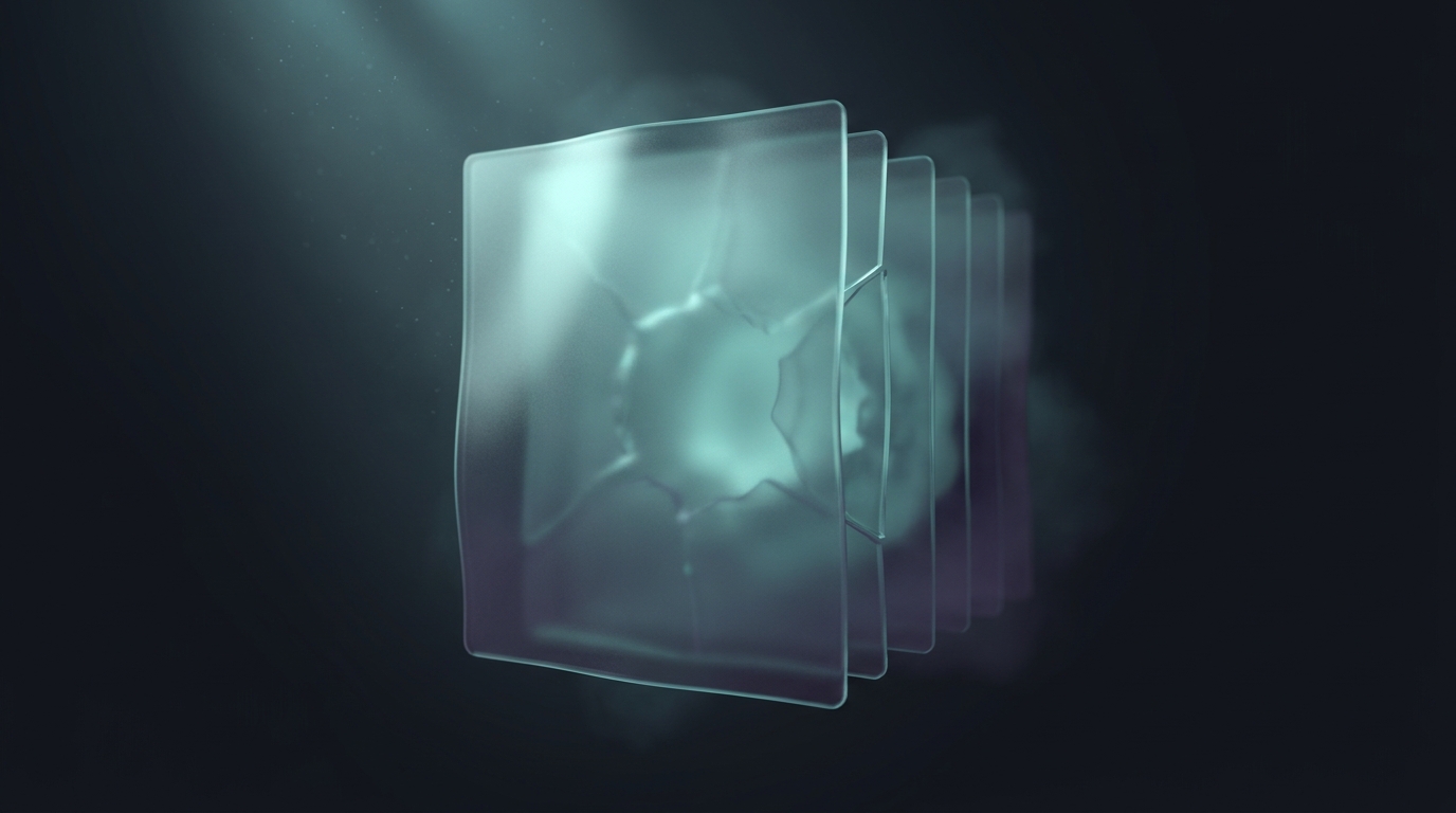 Layered translucent planes suspended on a dark slate background, lit from the left with cool teal light, soft 3D editorial illustration, 16:9