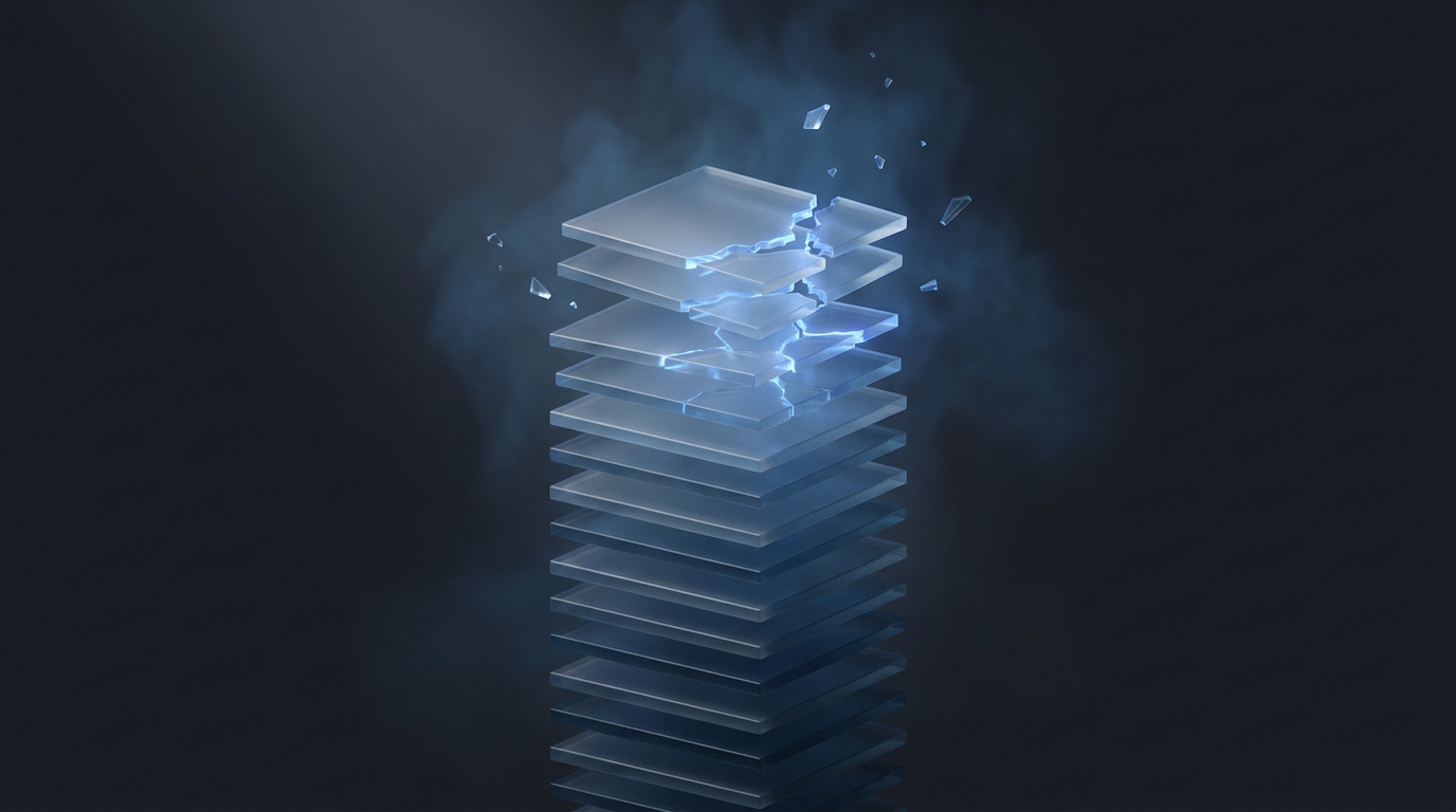 Editorial illustration of stacked translucent planes cracking apart, lit in electric blue against a deep slate background, representing agency structural failure.