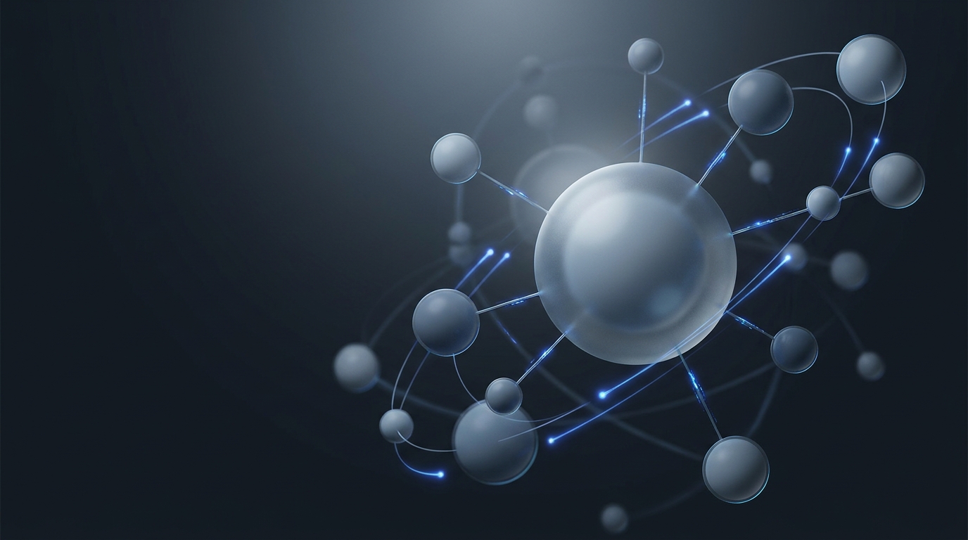 Abstract 3D editorial illustration of connected glowing nodes with electric blue light pulses on deep slate background, representing AI automation rollout and policy change