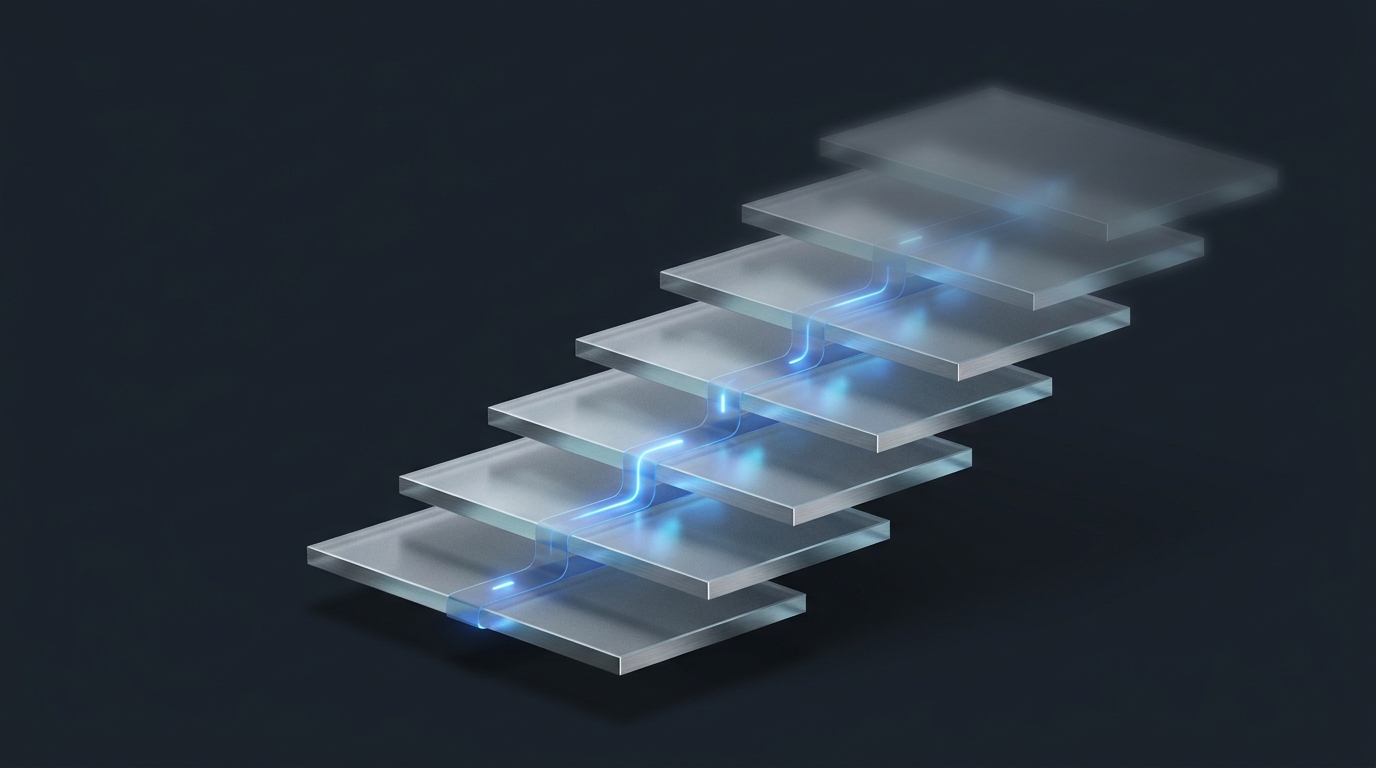 Editorial illustration of interconnected layered translucent planes with electric blue light pulses, arranged as a scaling system against a deep slate background.