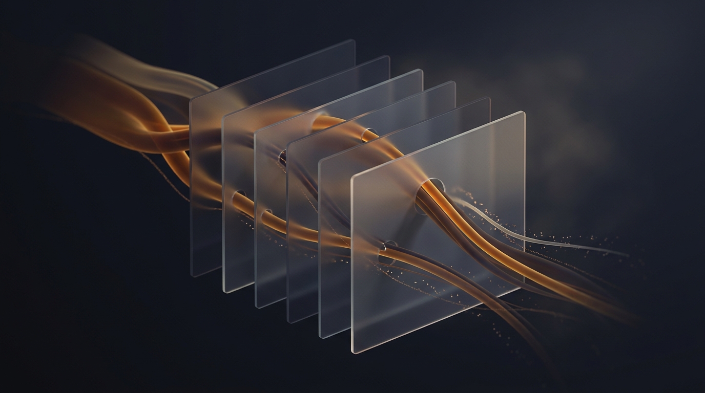 Abstract 3D illustration of flowing data ribbons and particle trails in deep amber, filtering through layered translucent planes on a dark slate background