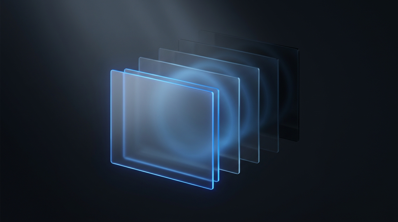 Layered translucent geometric planes suspended on deep slate background, lit from above-left with electric blue accent glow, frosted glass surfaces stacked in comparison arrangement