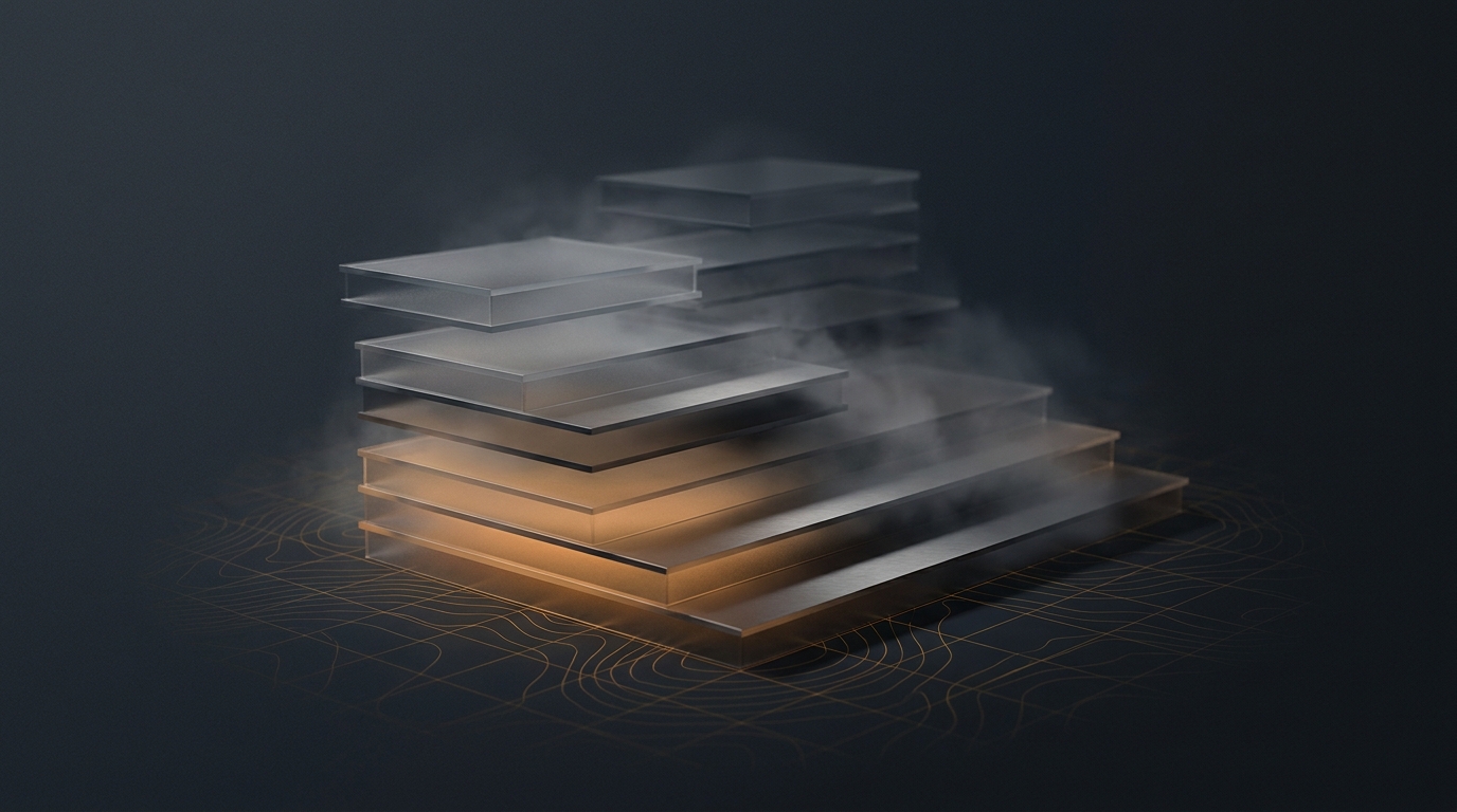 Abstract 3D architectural layers in deep amber over a dark slate background, representing structured campaign tiers and location-based data flow.