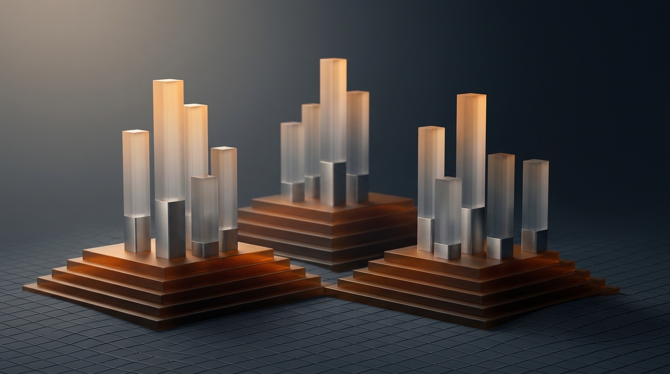 Abstract 3D illustration of layered architectural forms rising from a topographic grid, lit in warm amber on a deep slate background, representing multi-location structure.