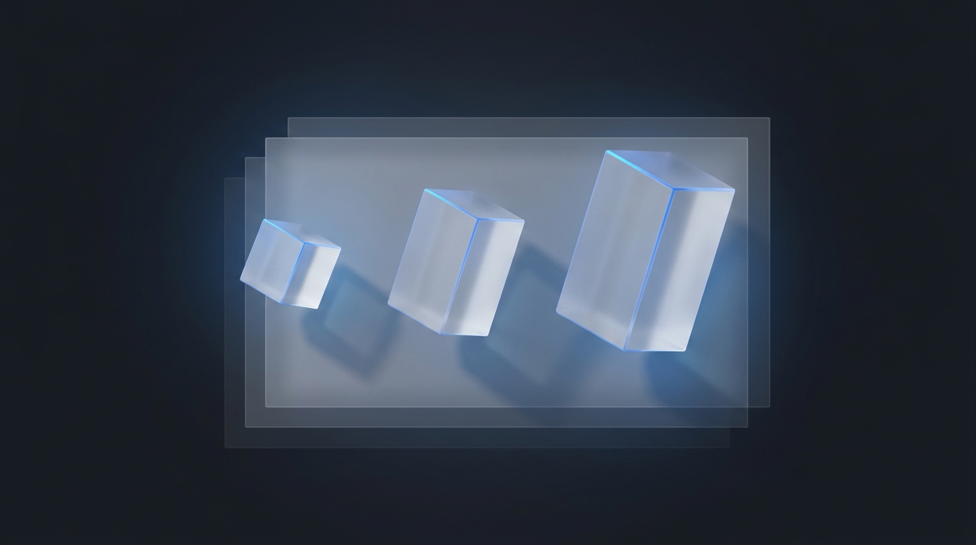 Three suspended geometric prisms in varying sizes float against a deep slate background, lit from one side in electric blue, with layered translucent planes receding into soft atmospheric depth.