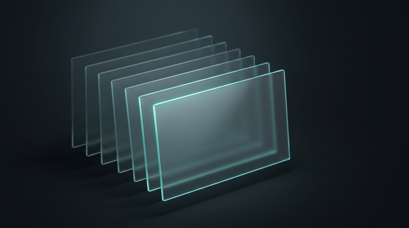 Layered translucent planes stacked in perspective, glowing cool teal edges, deep slate background, soft directional light from upper left, frosted glass surfaces