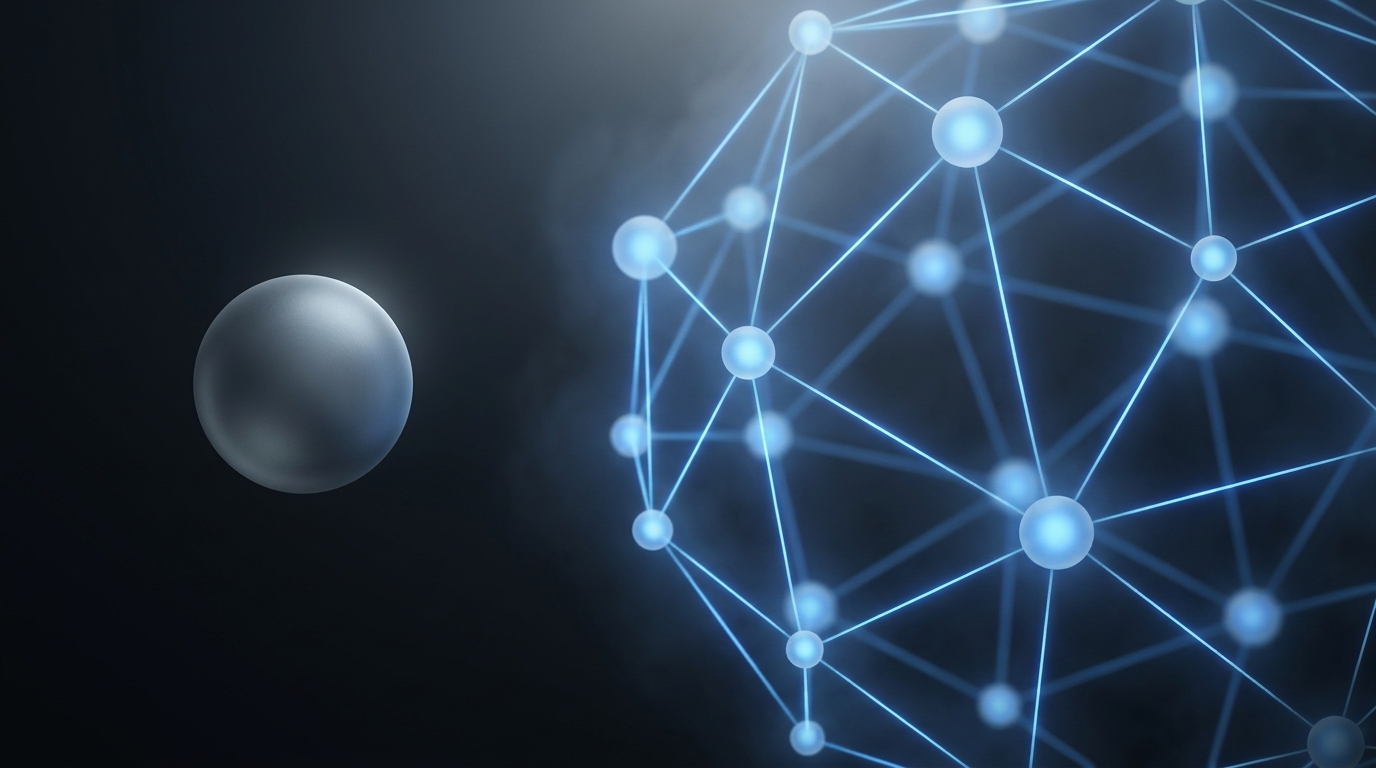 Abstract illustration of a lone geometric sphere fading into shadow beside a luminous connected node network glowing in electric blue on a deep slate background.