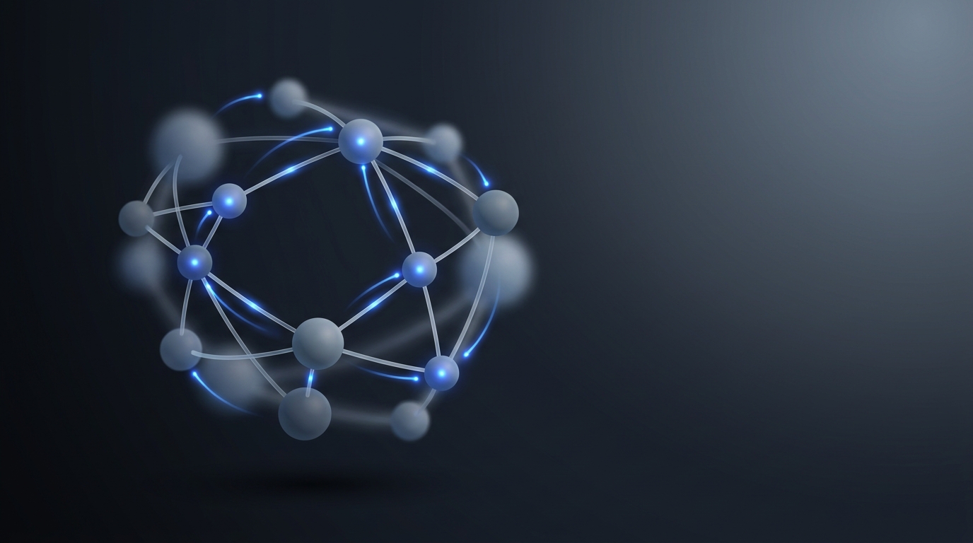 Abstract connected nodes with electric blue light pulses on deep slate background, geometric network clusters glowing softly in 3D editorial illustration style