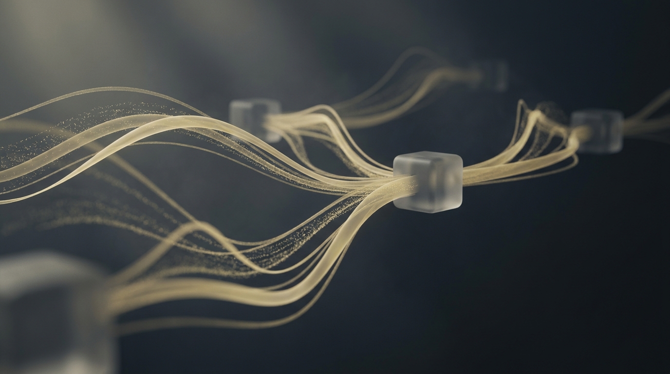 3D editorial illustration of glowing muted gold data ribbons flowing between two suspended geometric nodes on a deep slate background with soft directional lighting