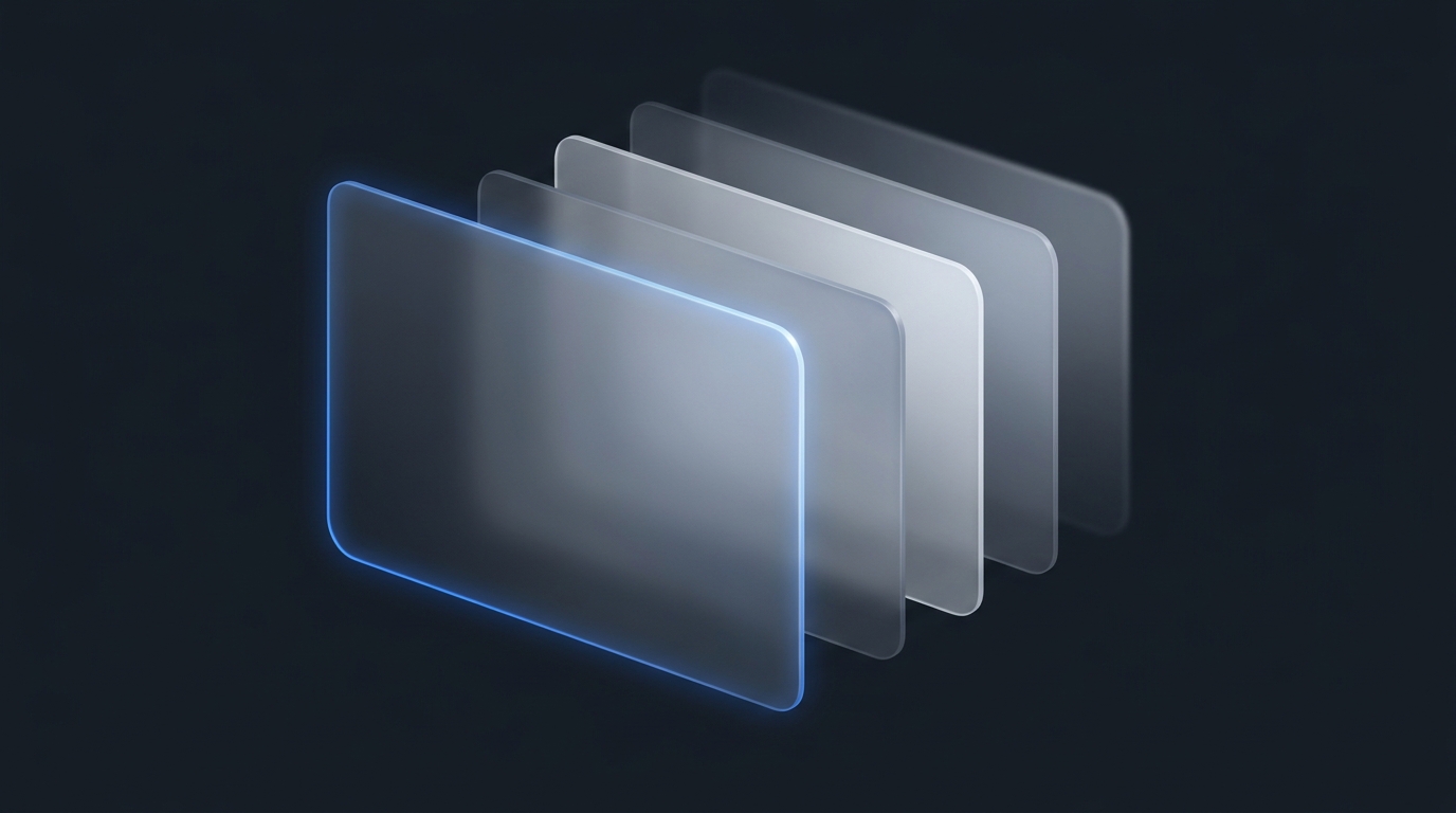 Layered translucent geometric planes suspended against a deep slate background, lit with cool electric blue accent light from a single directional source.