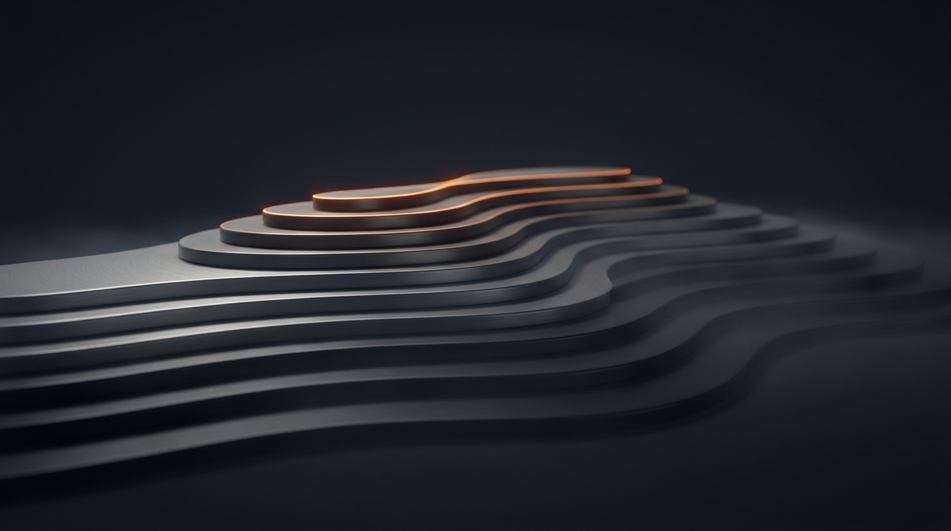 3D editorial illustration of layered topographic surface with deep amber contour ridges rising from a near-black slate background, soft directional light from upper left