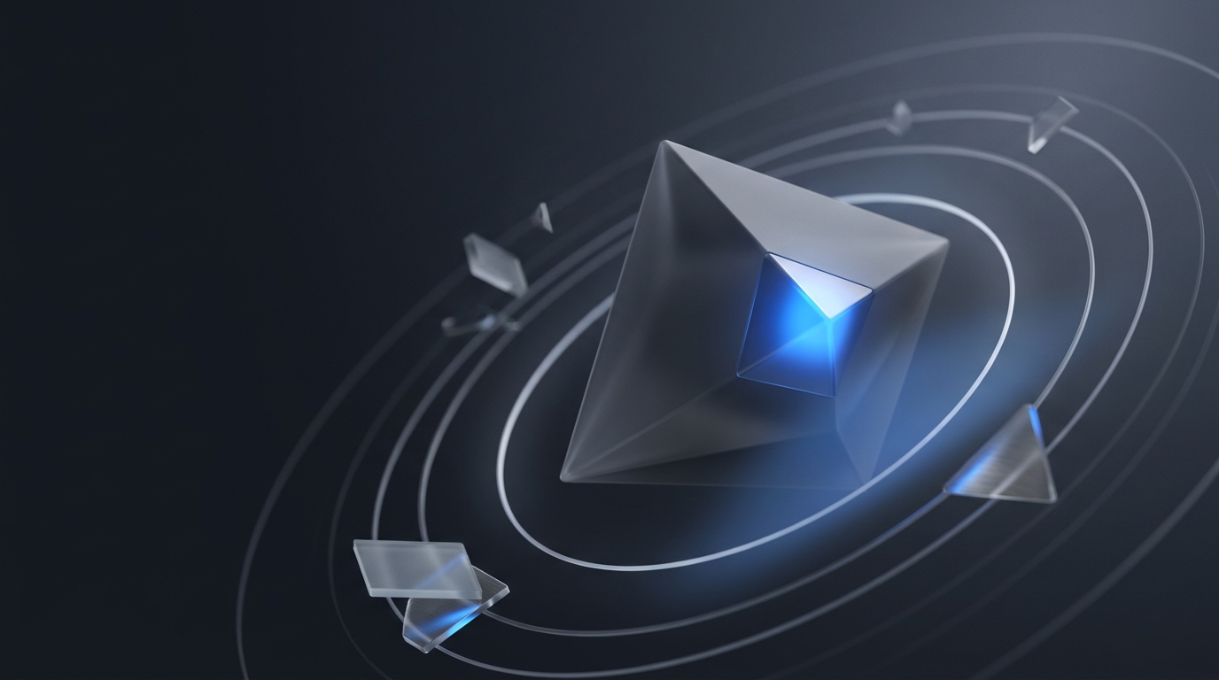Abstract 3D illustration of a single glowing electric-blue geometric prism casting soft light against a deep slate background, surrounded by faint orbital rings.