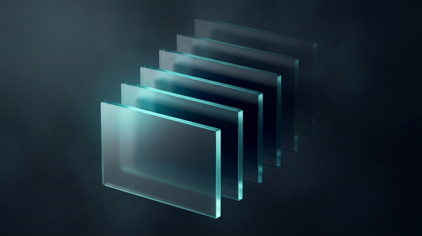 Seven translucent geometric planes stacked and layered in cool teal against a deep slate background, lit from a single left-side light source