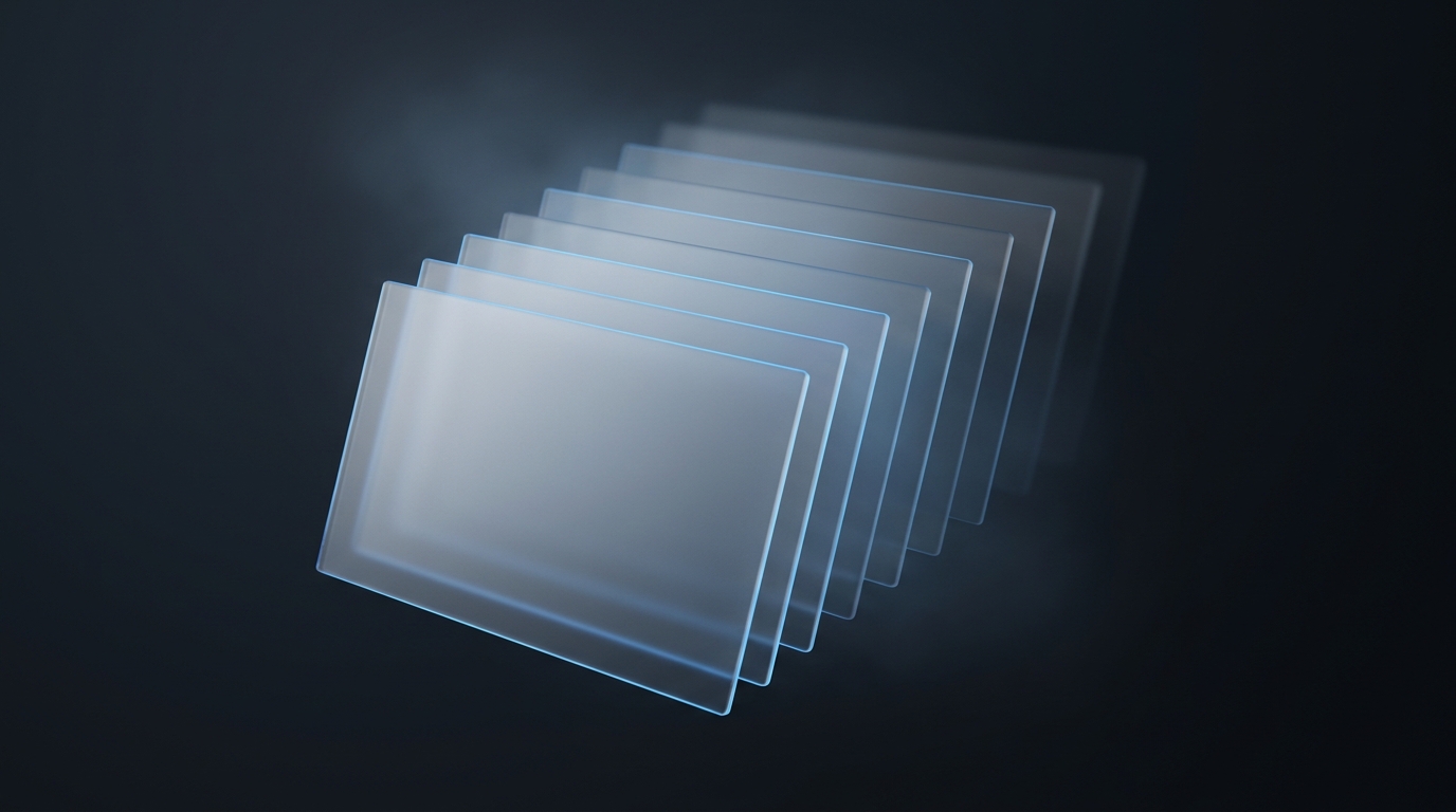 Layered translucent planes arranged in a stacked formation with electric blue accent lighting against a deep slate background, suggesting structured tool systems.