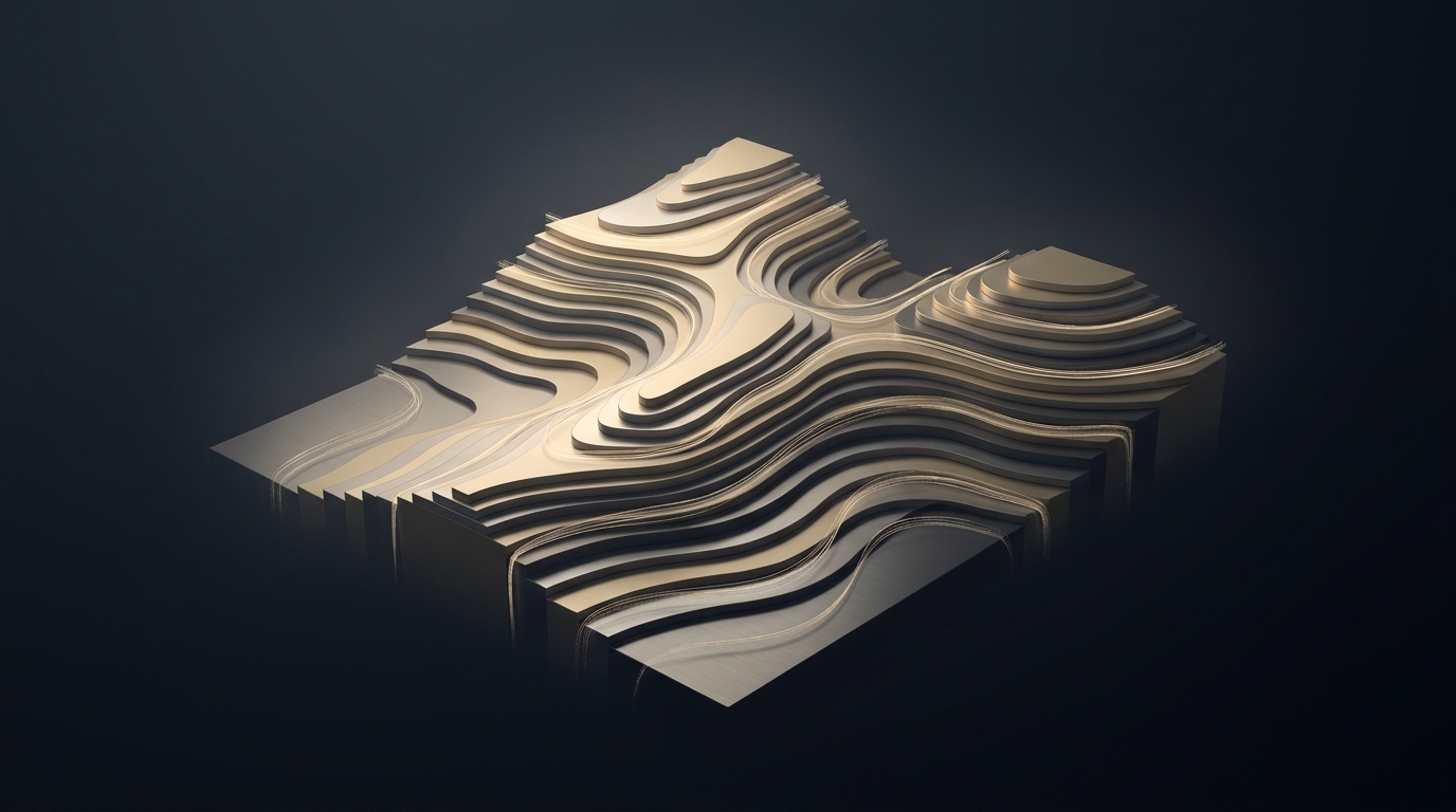 Abstract layered topographic landscape with glowing muted gold ridgelines and segmented architectural forms rising from a deep slate background, lit by a single soft directional light source.