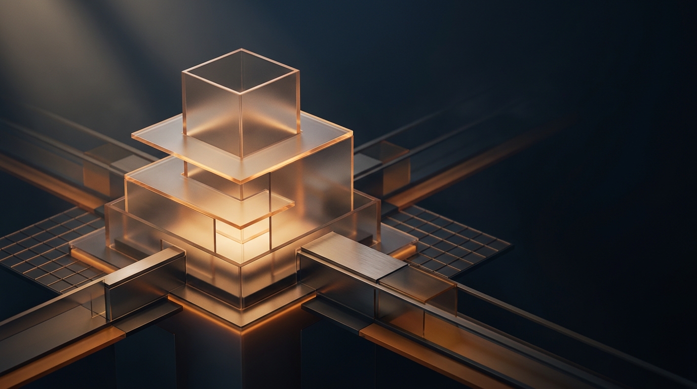 Abstract layered architectural forms in deep amber rising from a dark slate background, with stacked translucent planes and soft volumetric light suggesting structured depth.
