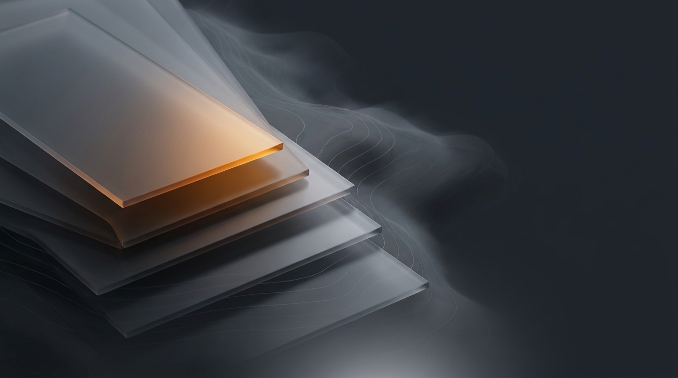 Layered translucent architectural planes rising from a dark slate surface, lit by warm amber light, with topographic contour lines receding into soft atmospheric depth.