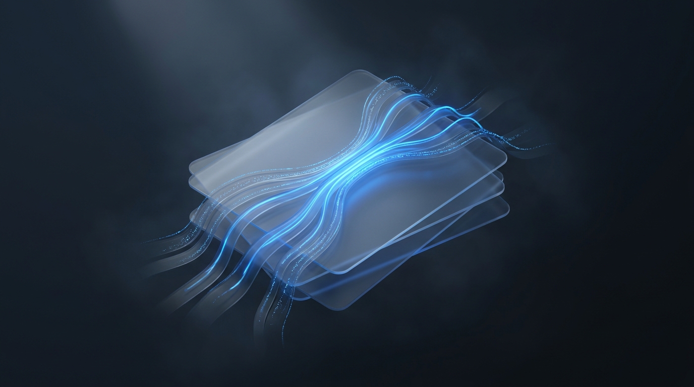 Editorial illustration of flowing electric-blue light ribbons weaving through stacked translucent planes against a deep slate background, lit from a single directional source.