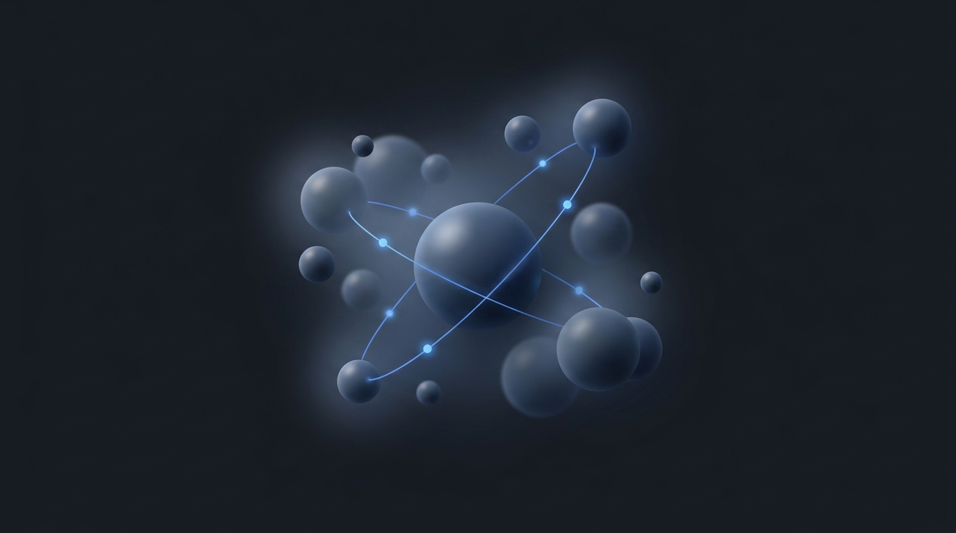 Abstract 3D editorial illustration of connected nodes with electric blue light pulses on deep slate background, centered composition with soft directional lighting.