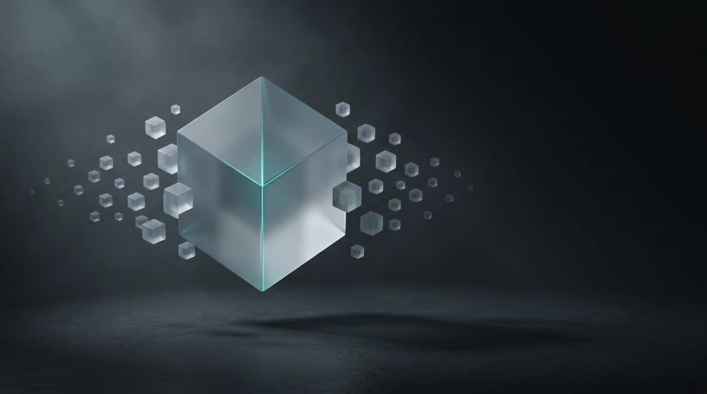 A single large geometric prism on a deep slate background, illuminated by cool teal directional light, surrounded by sparse floating smaller cubes fading into shadow.