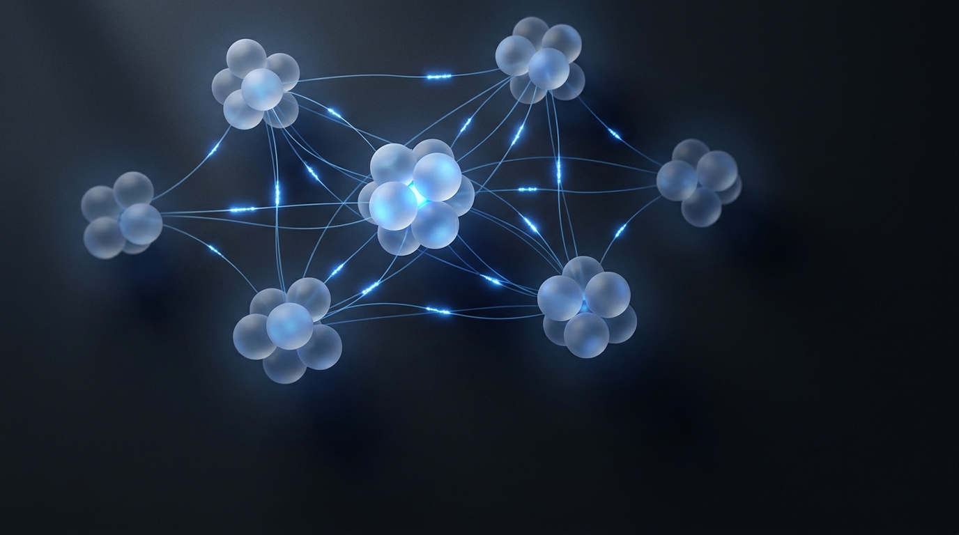 Abstract 3D illustration of connected nodes with electric blue light pulses on deep slate background, geometric network representing AI optimization prerequisites