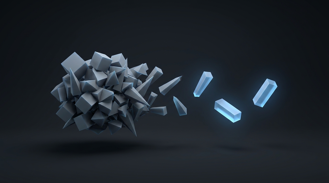 3D editorial illustration of a fragmented cluster of geometric shards dissolving into sparse nodes, electric blue accent, deep slate background