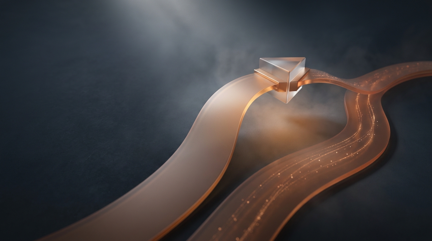 Abstract 3D illustration of two parallel flowing data ribbons in deep amber diverging and merging against a near-black slate background with soft directional lighting