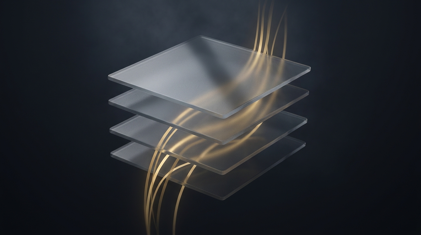 Abstract 3D illustration of layered translucent planes with flowing data ribbons in muted gold on a deep slate background, soft directional lighting