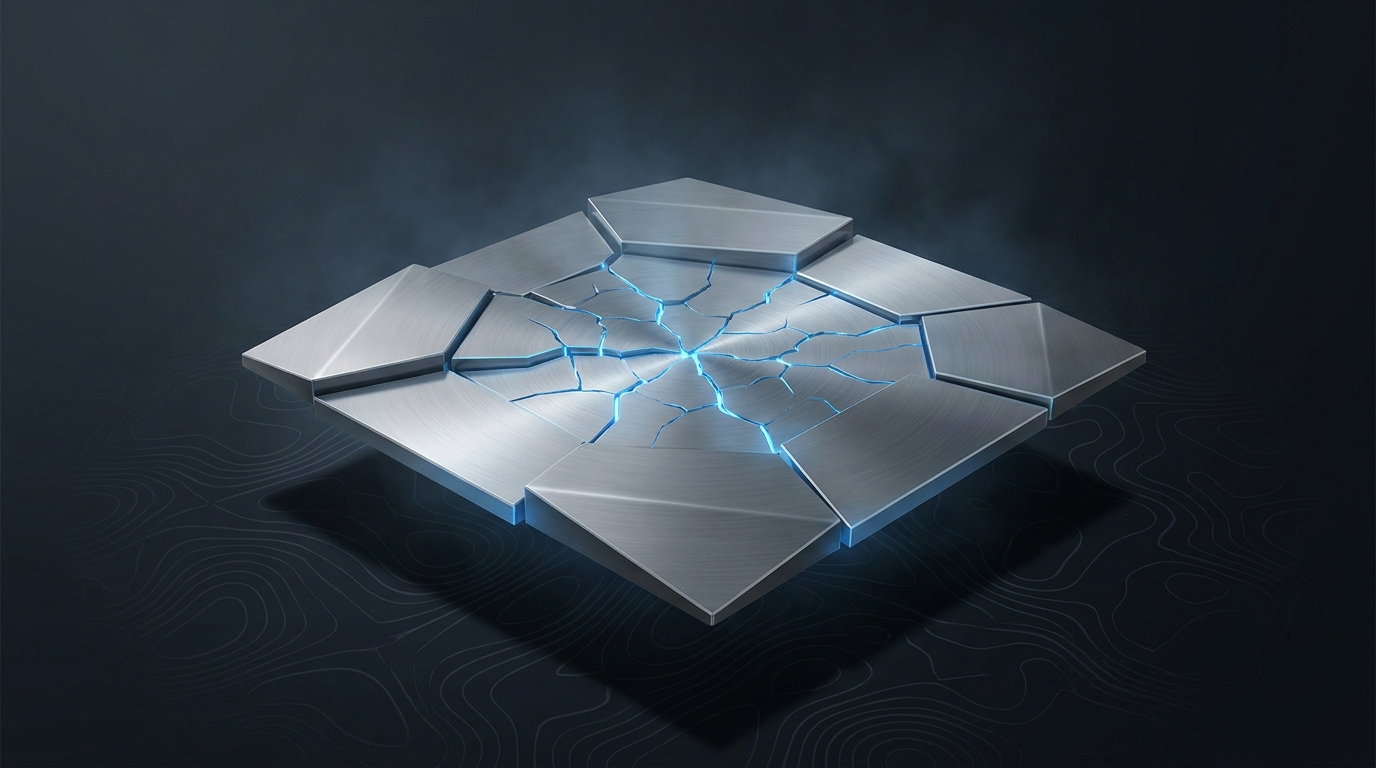 Abstract 3D illustration of a cracked geometric surface plateau with electric blue light fractures on a deep slate background, signaling structural stagnation.