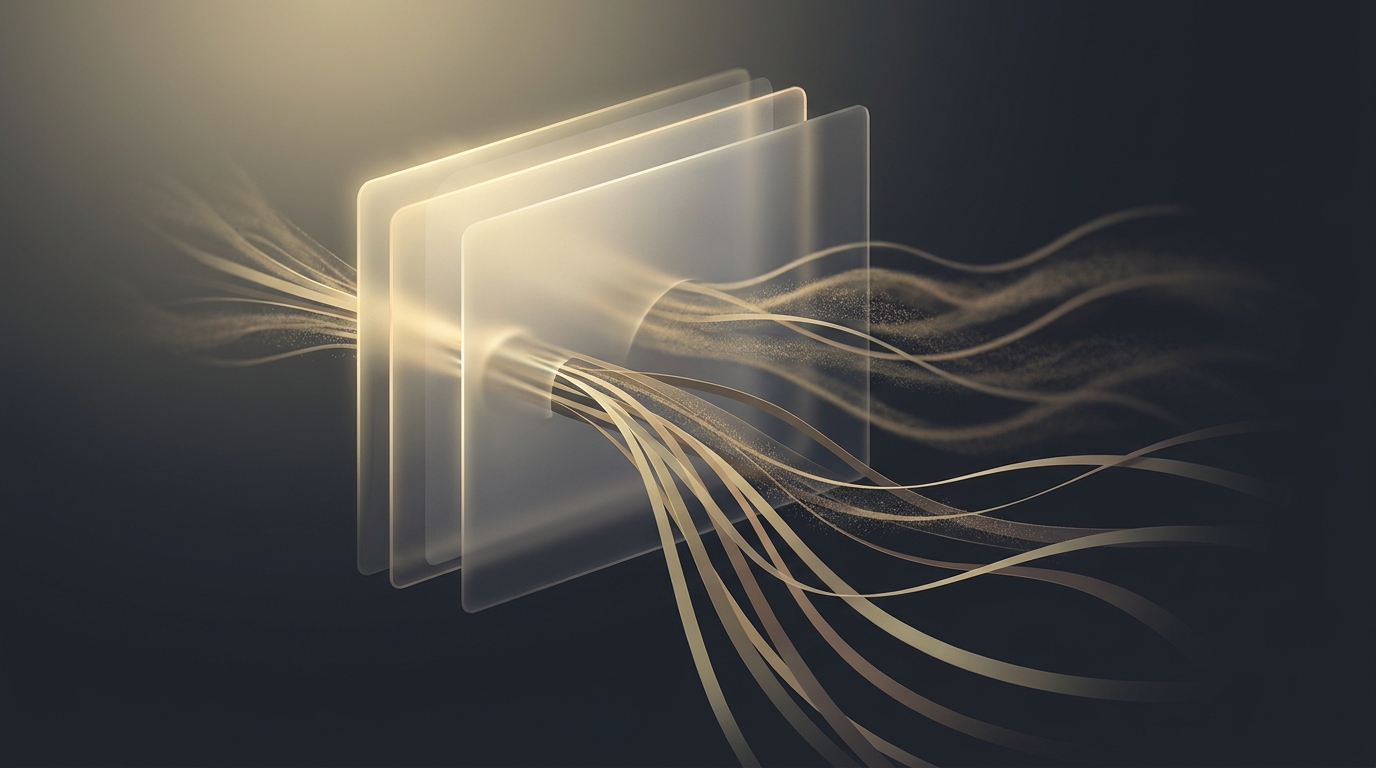Abstract 3D illustration of flowing data ribbons in muted gold streaming through layered translucent planes on a deep slate background